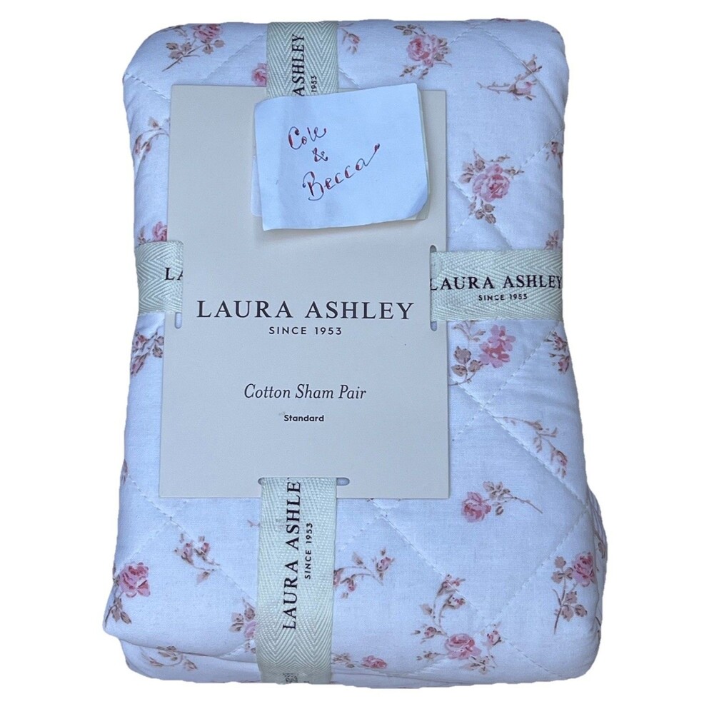 Laura Ashley Rosebuddies Skinny Stripe Pink Cotton Sham Pair Standard Floral New